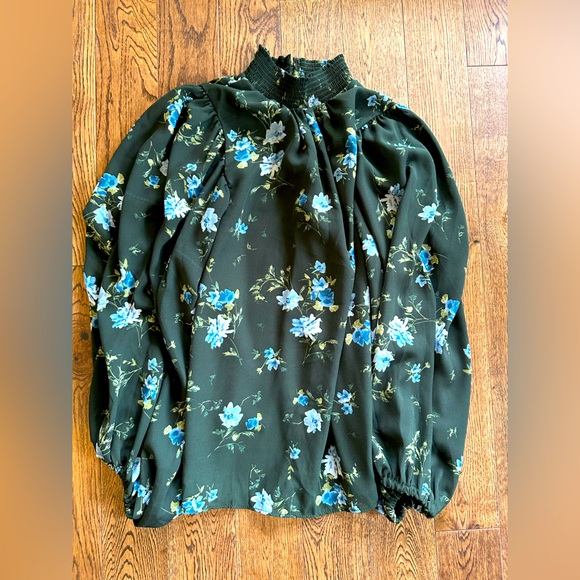 CECE Forest Green and Blue Floral Long Sleeve Blouse Sz Small - Picture 1 of 9